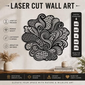Abstract Zentangle Laser Cut Wall Art Dxf Svg Png Ai Pdf, Geometric Pattern CNC File, Metal Laser File, Modern Boho Decor, Glowforge CutFile