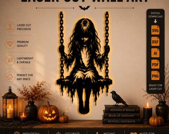 Fichier de découpe laser Halloween Fille effrayante sur balançoire (SVG, DXF, PNG, PDF, AI), téléchargement numérique d'horreur, fichier de découpe CNC Cricut Glowforge Halloween