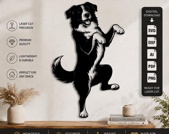 Décoration murale Border Collie découpée au laser (formats DXF, SVG, PNG, PDF et AI) | Décoration murale chien Border Collie | Fichier de découpe laser CNC Cricut Glowforge pour chien de berger
