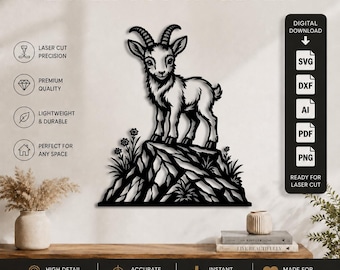 Chèvre des montagnes découpée au laser - Fichier DXF-SVG-PNG-PDF-AI | Décoration murale adorable | Chèvre alpine - Fichier de découpe laser CNC Cricut Glowforge