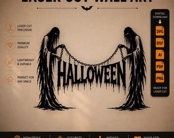 Fichier de découpe laser SVG DXF PNG PDF AI pour panneau Halloween Faucheuse, panneau d'Halloween effrayant à suspendre, fichier de découpe numérique CNC Cricut Glowforge