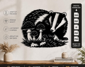 Décoration murale Blaireau découpée au laser (DXF-SVG-PNG-PDF-AI) | Faune des bois | Fichier de découpe laser CNC Cricut Glowforge