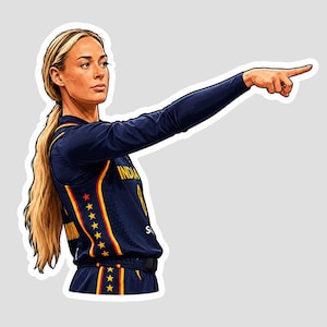 May include: A sticker illustration of a blonde athlete with a ponytail wearing a navy blue basketball jersey with yellow and red accents, including stars along the side. The athlete is pointing to the right with their right arm extended forward.