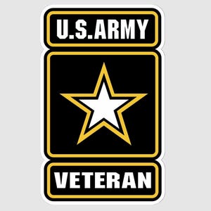 May include: A rectangular sticker featuring a black background with a yellow border. The top section displays the white text U.S. ARMY. The center contains a large white star outlined in yellow. The bottom section displays the white text VETERAN.