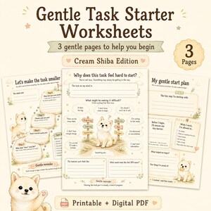 Gentle Task Starter Worksheets, Printable Productivity Planner, Cream Shiba PDF