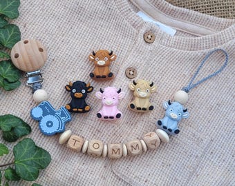Personalized pacifier chain FARM with TRACTOR and CATTLE in various colors, gift for babies for birth, christening or baby shower