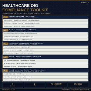 May include: A dark blue and gold document titled "HEALTHCARE OIG COMPLIANCE TOOLKIT." It includes sections on compliance, risk assessment, and sanctions. The toolkit is attorney-drafted and offers instant download.