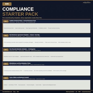Puede incluir: Un documento azul oscuro y dorado titulado "COMPLIANCE STARTER PACK" con cinco plantillas de políticas esenciales. El documento incluye secciones sobre conflicto de intereses, acuerdos de confidencialidad, retención de registros básicos, política de denunciantes y código de ética.