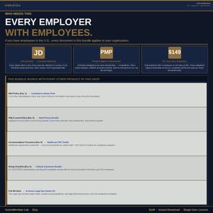 Może przedstawiać: Ciemnoniebieska grafika z białym tekstem, który brzmi: "EVERY EMPLOYER WITH EMPLOYEES". Obraz zawiera informacje o dokumentach prawnych dla pracodawców, w tym EEO, FMLA i listach kontrolnych zatrudnienia. Cena wynosi 149 $.