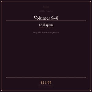 Może przedstawiać: Pakiet produktów cyfrowych z ciemnobordowym tłem i złotymi akcentami. Tekst brzmi "BUNDLE APRN Bundle Volumes 5-8 67 rozdziałów Volumes 5, 6, 7 & 8 Every APRN track in one purchase". Cena wynosi 19,99 $.
