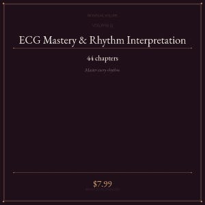 Peut inclure: Une couverture de produit numérique marron avec du texte doré. Le titre est "ECG Mastery & Rhythm Interpretation" avec "Volume 9" au-dessus. La couverture indique également "44 chapitres" et "Master every rhythm".
