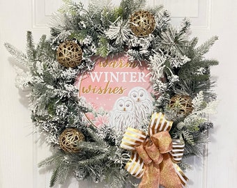 Christmas Owl Wreath for Front Door, Winter Owl Door Hanger, Pink and Gold Christmas Decor, Winter Farmhouse Decorations, Rustic Christmas