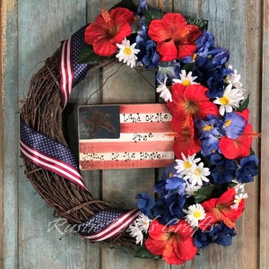 Patriotic Grapevine Wreath Red Hibiscus, Blue Iris and White Daisy with Flag Ribbon and Patriotic Sign image 1