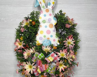 Easter Bunny Wreath for Front Door, Spring Daisy Decoration, Spring Garden Door Decor, Whimsical Bunny Grapevine,  Easter Egg Door Hanger