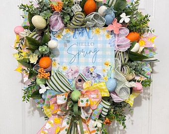 Handcrafted Spring Wreath, Easter Eggs, Baby Chick Door Decor, Easter Bunny Front Door Hanger, Blue Birdhouse Decorations