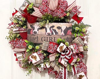 Western Cow Wreath, Hay Girl Hay Wreath, Farmhouse Cow Decor, Western Bandana Wreath, Country Cowgirl Door Decor, Farmhouse Front Door Wreat