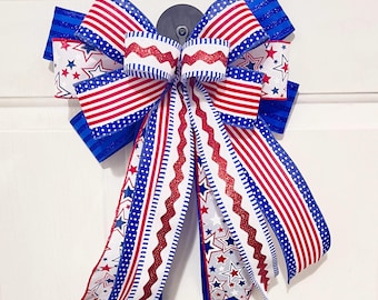 Patriotic 4th of July Bow, Red White and Blue Wreath Bow, Memorial Day Decorations, Independence Day Decor, Farmhouse Patriotic Door Decor