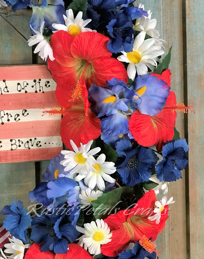 Patriotic Grapevine Wreath Red Hibiscus, Blue Iris and White Daisy with Flag Ribbon and Patriotic Sign image 5