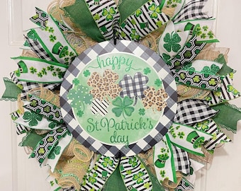 St Patrick’s Day Wreath for Front Door, Shamrock and Animal Print Door Hanger, Black and White Check Decor, Irish Leprechaun Decorations