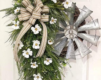Year Around Bead Grass Wreath, Everyday Greenery Wreath, Farmhouse Windmill Wreath, Country Garden Door Decor, Ranch House Wall Hanging