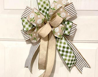 Rustic Daisy Bow for Wreath, Green Gingham Spring Bow, Summer Front Door Decor, Cabana Stripe Wreath Bow, Farmhouse Daisies Bow, Country Bow