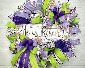 Purple Resurrection Wreath for Front Door, Religious Easter Decoration, He is Risen Door Decor, Christian Front Door Hanger, Easter Gift