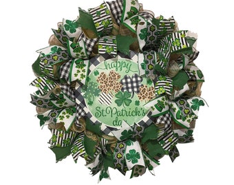 St Patrick’s Day Wreath for Front Door, Leprecaun Hat Door Hanger with Animal Print, Black and White Check, St Patty’s Day Irish CloverDecor