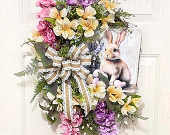 Spring Easter Wreath with Bunny, Pastel Floral Bunny Door Wreath, Farmhouse Easter Door Decor, Spring Front Door Wreath, Spring Garden Decor
