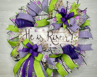 Purple Resurrection Wreath for Front Door, Religious Easter Decoration, He is Risen Door Decor, Christian Front Door Hanger, Easter Gift