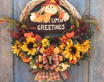 Fall Scarecrow Wreath, Fall Sunflower Wreath, Autumn Scarecrow Wreath, Autumn Decor, Rustic Wreath, Farmhouse Wreath, Harvest Wreath