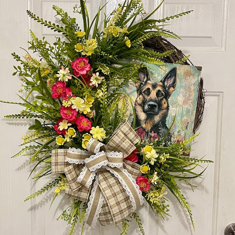 Wreath for Front Door, Summer Wildflower Door Decor, Rustic Dog Lover Door Hanger, Pet Lover Gifts, GSD Home Decor Gifts