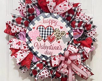 Romantic Valentine’s Day Wreath for Front Door, Heart Door Hanger with Animal Print, Black and White Check Decor, Love Themed Decorations