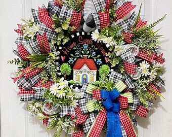 Home Sweet Home Wreath for Front Door, Traditional Door Decor, Farmhouse Decorations, Black and Red Door Hanger, Mother’s Day Gift, Everday