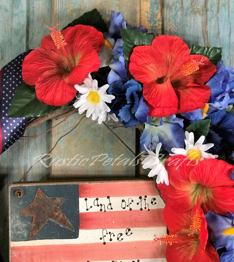 Patriotic Grapevine Wreath Red Hibiscus, Blue Iris and White Daisy with Flag Ribbon and Patriotic Sign image 4