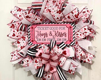 Hugs and Kisses Valentines Day Wreath, Pink and Black Valentines Thin Wreath for Storm Door, Romantic Door Hanger, Love Themed Decorations