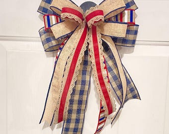 Primitive Patriotic Bow, Rustic Patriotic Decor, Memorial Day Bow, Fourth of July Bow, Farmhouse Red White Blue Bow, Wreath or Lantern Bow