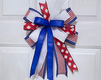 Patriotic Red White & Blue Bow, 4th of July Wreath Bow, Memorial Day Door Decor, Independence Day Ribbon Bow, Rustic Americana Lantern Decor