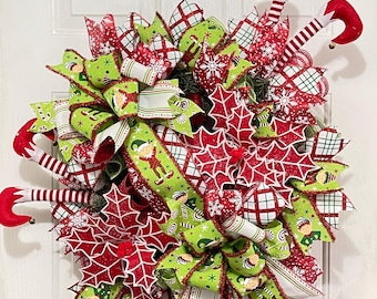 Christmas Elf Wreath for Front Door, Whimsical Elf Leg Door Hanger, Santa's Helper Festive Decor, Lime Green and Red Christmas Decorations