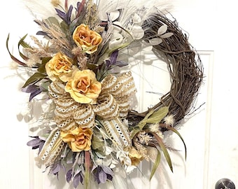 Boho Summer Wreath, Yellow Rose Grapevine Wreath, Farmhouse Front Door Decor, Natural Front Door Wreath, Pampas Grass Decor, Bohemian Decor