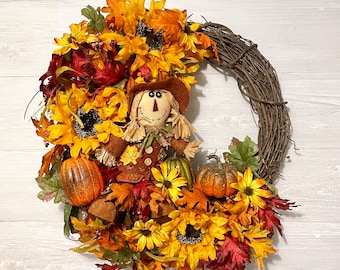 Fall Scarecrow and Sunflower Wreath for Front Door, Autumn Pumpkin Door Decor, Rustic Autumn Leaves Door Hanger, Harvest Farmhouse Decor