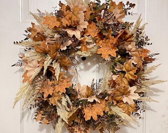 Rustic Farmhouse Fall Wreath, Autumn Harvest Door Decor, Maple Leaf Fall Decorations, Thanksgiving Decor, Natural Woodsy Wreath, Leaf Decor