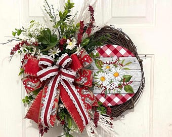 Country Sunshine Wreath, Summer Daisy Door Hanger, Red Farmhouse Door Decor, Cowboy Boots and Horseshoe Decor, Red Country Door Decor
