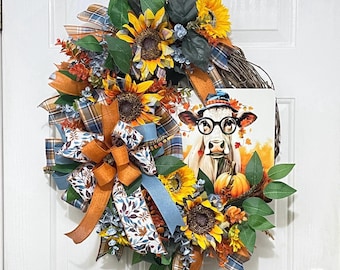 Fall Sunflower and Cow Wreath for Front Door, Whimsical Cow Door Decor, Rustic Autumn Leaves Door Hanger, Harvest Farmhouse Pumpkins Decor