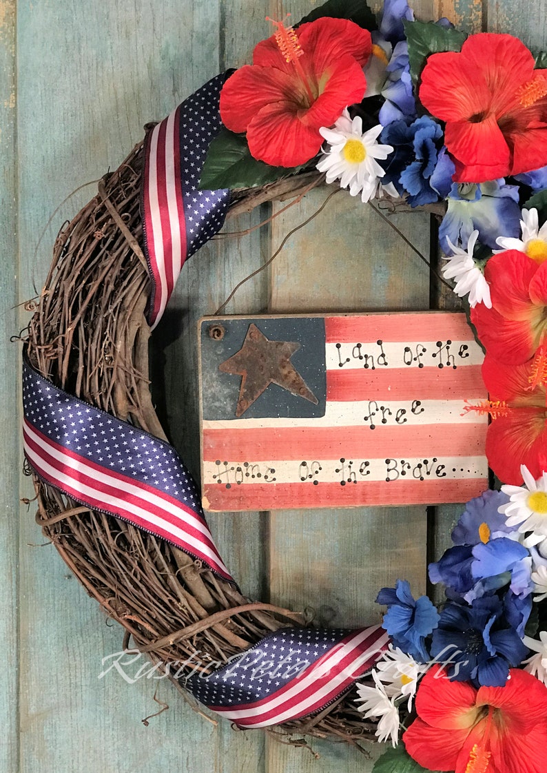 Patriotic Grapevine Wreath Red Hibiscus, Blue Iris and White Daisy with Flag Ribbon and Patriotic Sign image 2