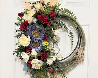 Patriotic Western Lasso Wreath, Patriotic Door Wreath, Blue Sunflower Wreath, Ranch Style Decor, Farmhouse Floral Wreath, Country Home Decor