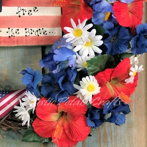 Patriotic Grapevine Wreath Red Hibiscus, Blue Iris and White Daisy with Flag Ribbon and Patriotic Sign image 6