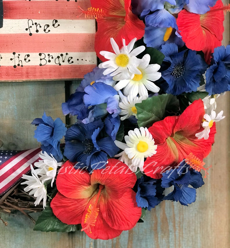 Patriotic Grapevine Wreath Red Hibiscus, Blue Iris and White Daisy with Flag Ribbon and Patriotic Sign image 6