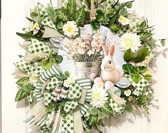 Spring Bunny Wreath for Front Door, Easter Egg Decorations, Baby Bunny Door Decor, Easter Bunny Front Door Hanger, Rustic Bucket Decorations