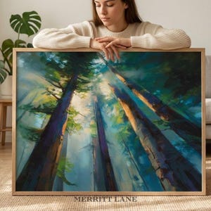 Redwood Trees Art Print Printable, Forest Painting Wall Art, Digital Download, Nature Landscape Decor, Pine Tree Moody Green Blue Art Poster