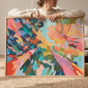 Lámina artística abstracta con diseño de dosel, póster con pintura de naturaleza de árboles coloridos (descarga digital)